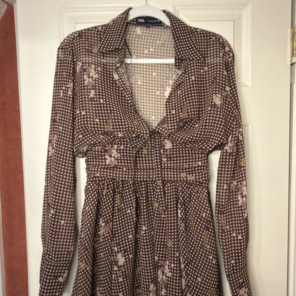 Zara Brown Floral Long Sleeve Dress